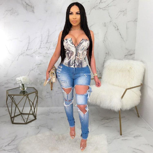 Women's Fashion Ripped High-waisted Slim Feet Pants - MANDOTOS