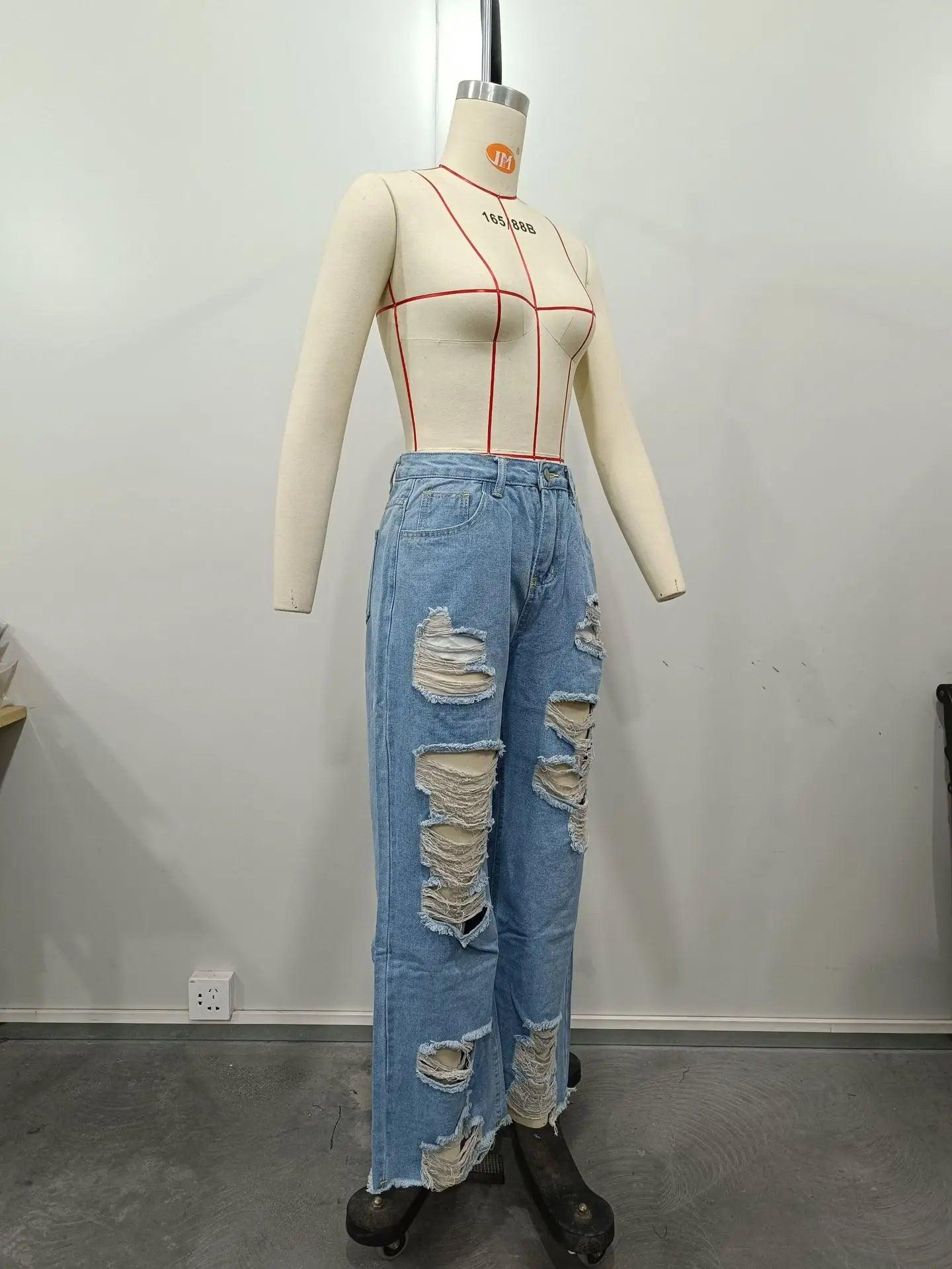 Women's Jeans Sexy Fashion Burnt Flower Hole Jeans Spring Summer Ladies Casual High Waist Denim Versatile Denim Trousers 2025 - MANDOTOS