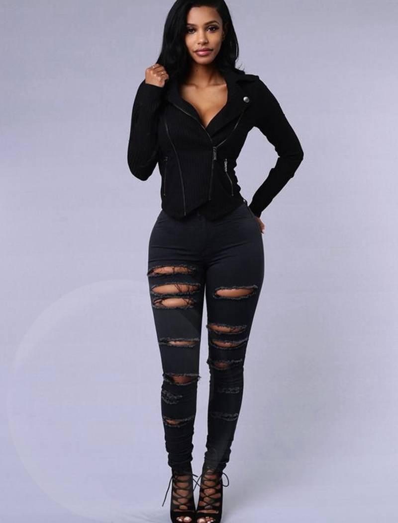 Women's Stretch Leggings Slim Slimming Jeans with Holes - MANDOTOS