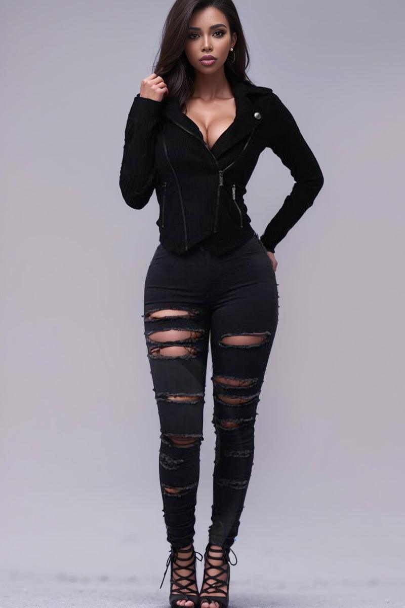 Women's Stretch Leggings Slim Slimming Jeans with Holes - MANDOTOS