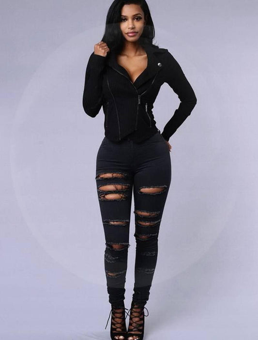 Women's Stretch Leggings Slim Slimming Jeans with Holes - MANDOTOS