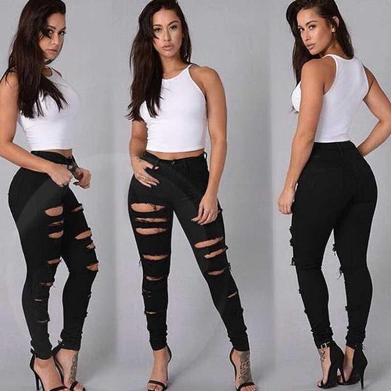 Women's Stretch Leggings Slim Slimming Jeans with Holes - MANDOTOS