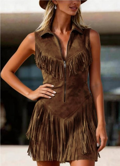 Women's Suede Western Tassel Sleeveless Slim-Fit Midi Dress - MANDOTOS INTERNATIONALDresses