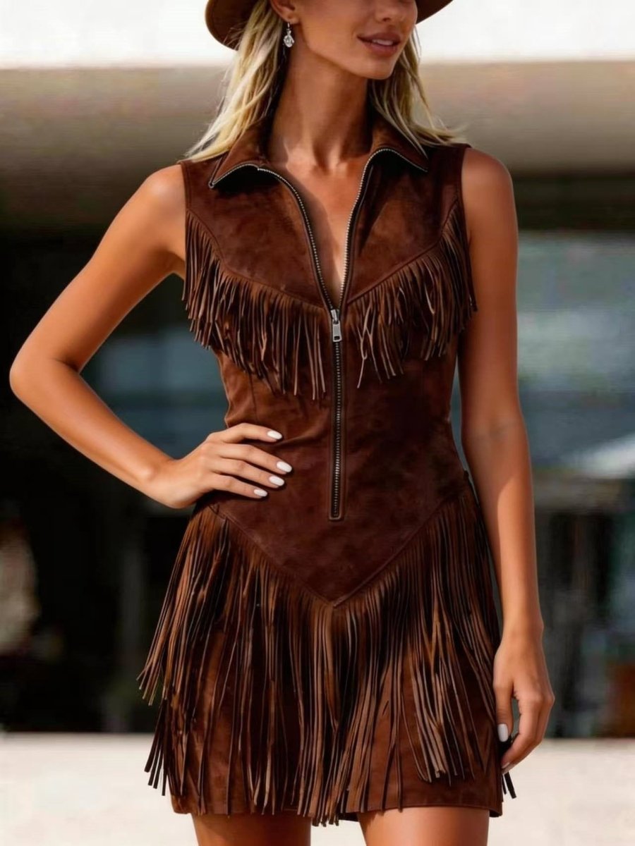 Women's Suede Western Tassel Sleeveless Slim-Fit Midi Dress - MANDOTOS INTERNATIONALDresses