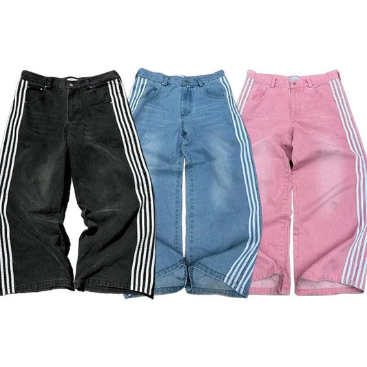Y2K Baggy Jeans Harajuku vintage Striped Embroidered high quality Sweatpants men women Hip Hop Casual wide leg jeans streetwear - MANDOTOS