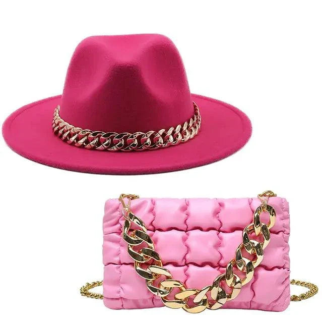 Mandotos luxury gold chain fedora hat with stylish design and wide brim, perfect for fashion-forward accessories.