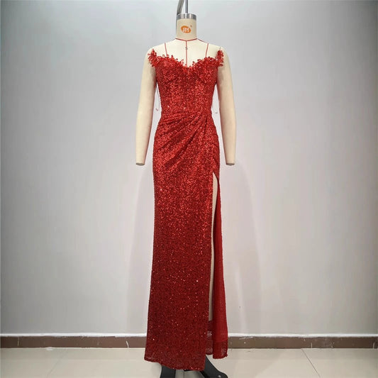 Drop-shaped Diamond Sexy Low-cut High Sitt Red Paillette Tube Coat And Dress MANDOTOS