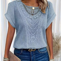 Summer hollow-out short-sleeved T-shirt by Ancient Energy in light blue with intricate crochet neckline
