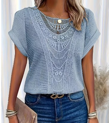 Summer hollow-out short-sleeved T-shirt by Ancient Energy in light blue with intricate crochet neckline