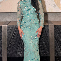 Raihana Long Sleeve High Neck Floral Sequin Embellished Modest Evening Dress