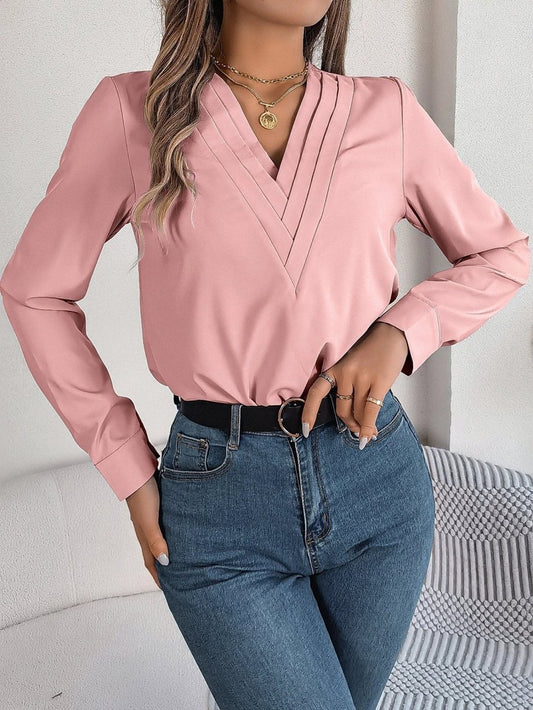 Fashion V - Neck Long Sleeve Shirt Elegant Commuter Solid Blouse Office Women's Clothing - MANDOTOS INTERNATIONAL0