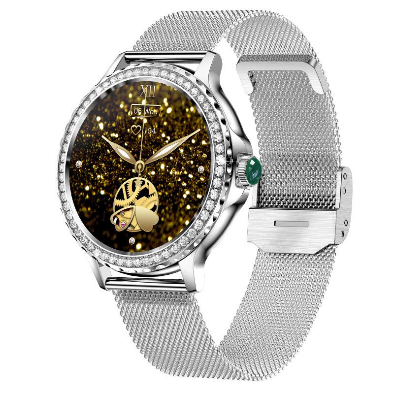 Ancient Energy Bluetooth calling smart fitness watch with diamond-accented bezel, waterproof, silver mesh band