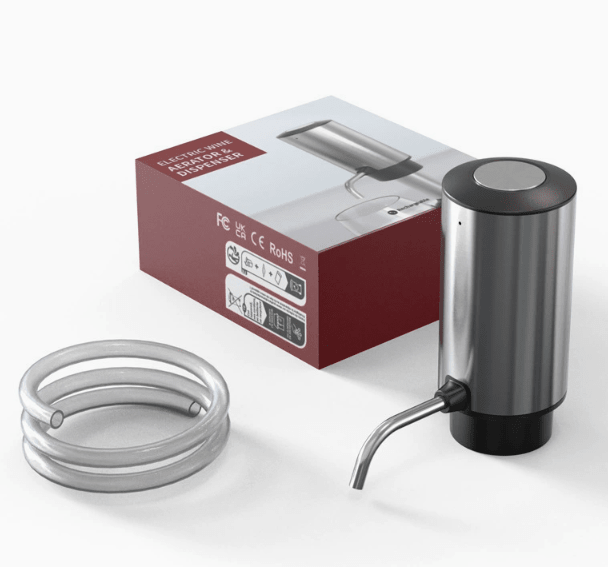 Smart Wine Pourer by Mandotos International; stainless steel electric aerator with curved pour spout and coiled hose.