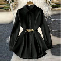 Women's Elegant Lapel Button-Down Top With Adjustable Metal Waist Belt Solid Color Loose Fit Blouse For Casual & Office Wear