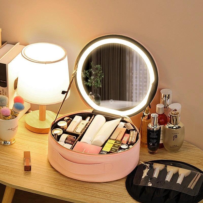 Round Smart LED Makeup Bag - Mirror Lights Travel Organizer - MANDOTOS