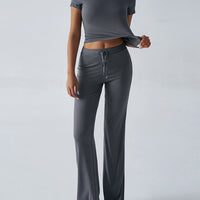Crew Neck Short Sleeve Top & Full-Length Pants Set – Solid Color, 10 Colors