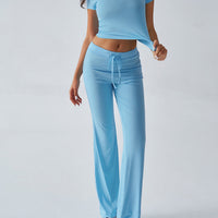 Crew Neck Short Sleeve Top & Full-Length Pants Set – Solid Color, 10 Colors