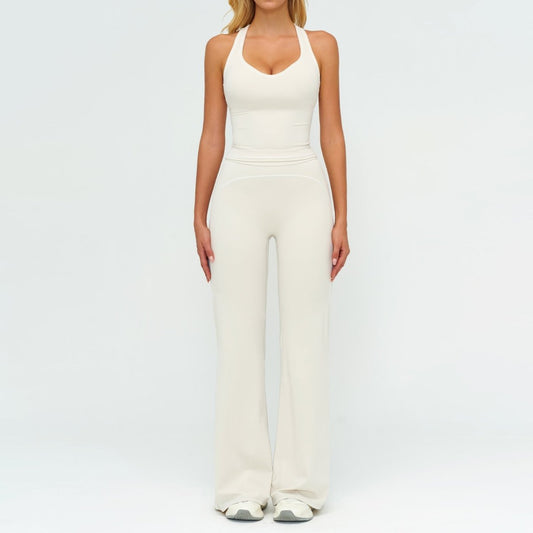 Womens Yoga Set cream sleeveless V-neck top and wide-leg pants, 2-piece