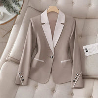 Ancient Energy professional contrasting-color blazer with white lapels, beige body, single-button closure, flap pockets