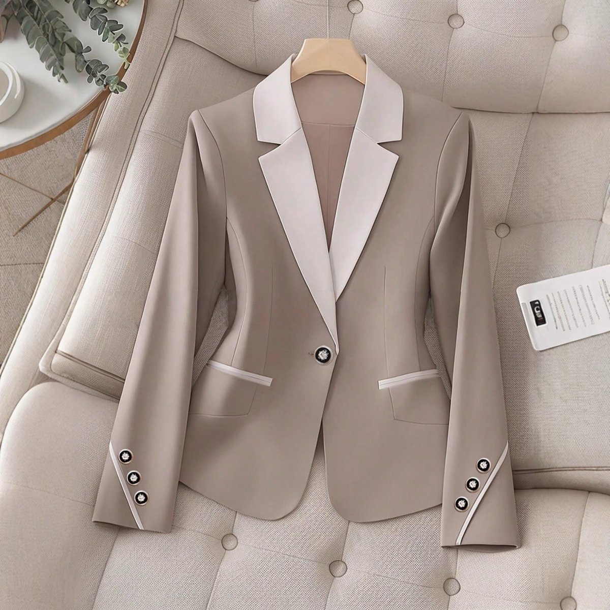 Ancient Energy professional contrasting-color blazer with white lapels, beige body, single-button closure, flap pockets