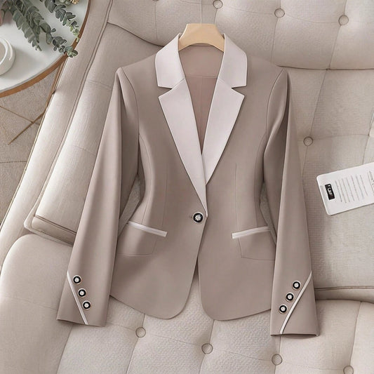 Ancient Energy professional contrasting-color blazer with white lapels, beige body, single-button closure, flap pockets