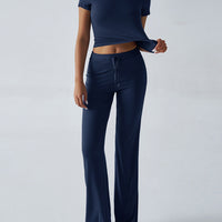 Crew Neck Short Sleeve Top & Full-Length Pants Set – Solid Color, 10 Colors