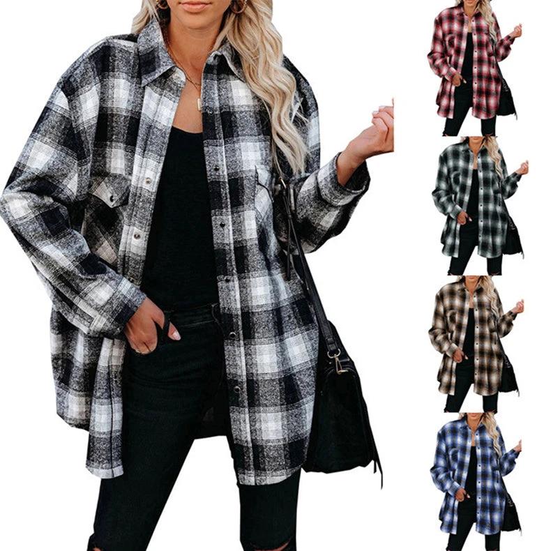 Plaid Shirt Women Spring Mid - length Loose Blouse Turndown Collar Shirt Clothing - MANDOTOS INTERNATIONAL0