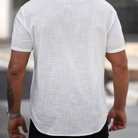 Mens short-sleeve white cotton shirt with a pocket, linen-textured weave, back view
