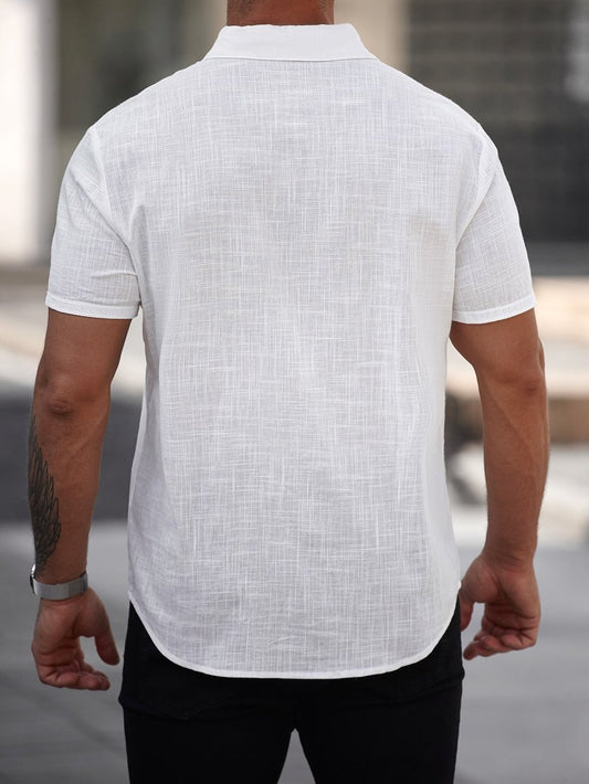 Mens short-sleeve white cotton shirt with a pocket, linen-textured weave, back view