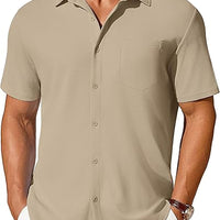 Men's short-sleeve beige button-up shirt with chest pocket; wrinkle- and crease-resistant.
