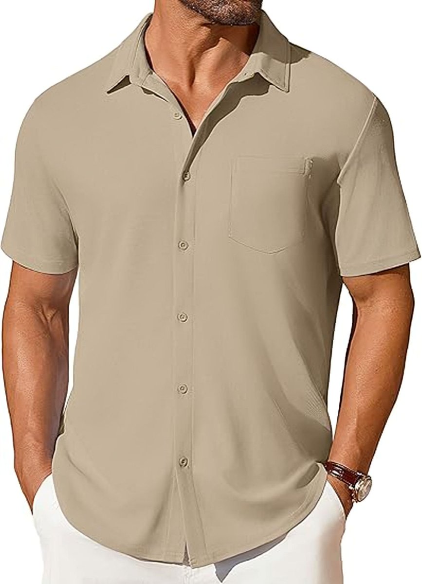 Men's short-sleeve beige button-up shirt with chest pocket; wrinkle- and crease-resistant.