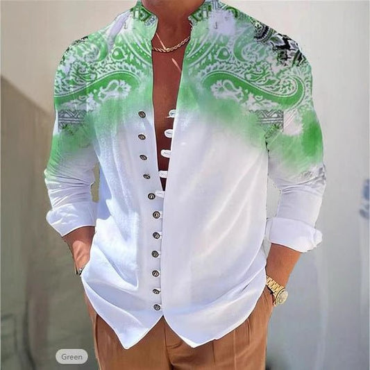 Men's 3D Printed Shirt Top by Ancient Energy; white base with green paisley gradient shoulders and metal front buttons.