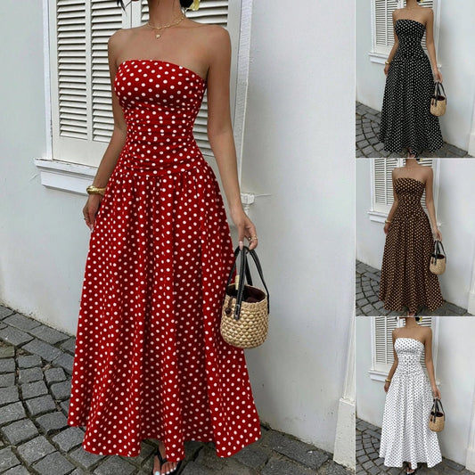 Polka-dot strapless maxi dress with high-waist, available in red, black, brown and white