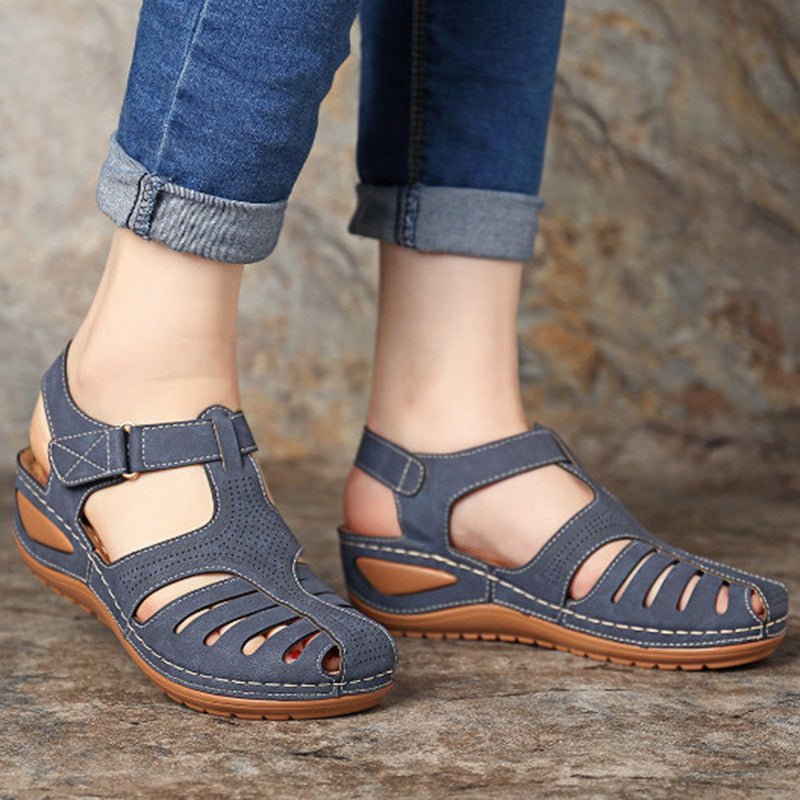 Women’s plus-size navy blue retro round-toe wedge sandals with cutout design and ankle strap