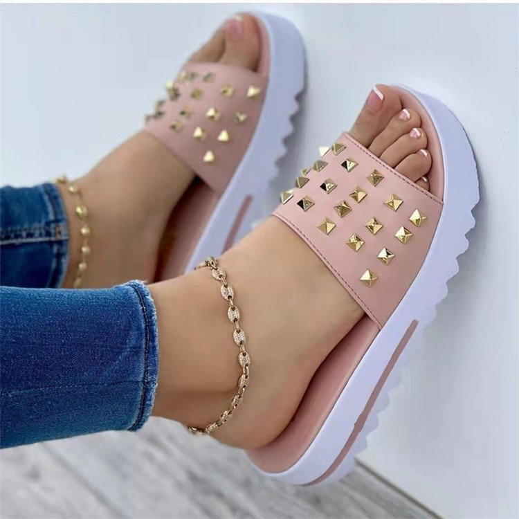 Women's pink wedge rivet beach flip-flops with gold pyramid studs