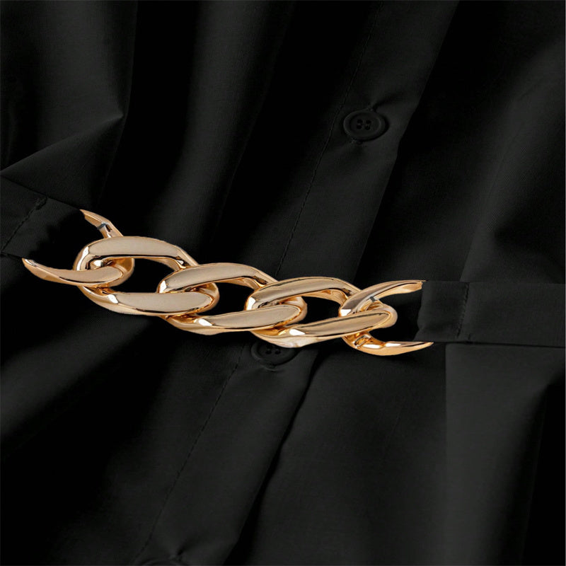 Women's Elegant Lapel Button-Down Top With Adjustable Metal Waist Belt Solid Color Loose Fit Blouse For Casual & Office Wear