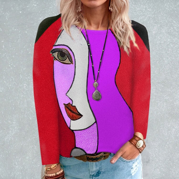 Stylish Face Print Long Sleeve Tee