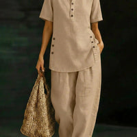 Three-Quarter Sleeve Shirt & Wide-Leg Pants Two-Piece Set – Solid Color Casual