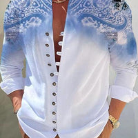 Mens 3D printed shirt top by Ancient Energy, blue-to-white gradient with paisley pattern and lace-up front.