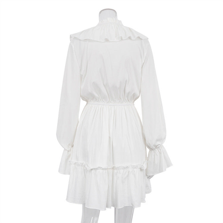 Fashion V Neck Pleated Ruffle Long Sleeve Dress Y2K V Neck Flared Sleeve Short Dress Women's Clothing - MANDOTOS