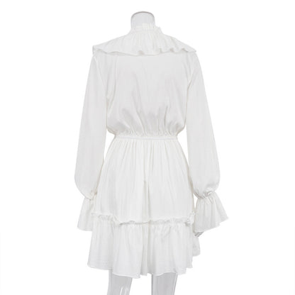 Fashion V Neck Pleated Ruffle Long Sleeve Dress Y2K V Neck Flared Sleeve Short Dress Women's Clothing - MANDOTOS