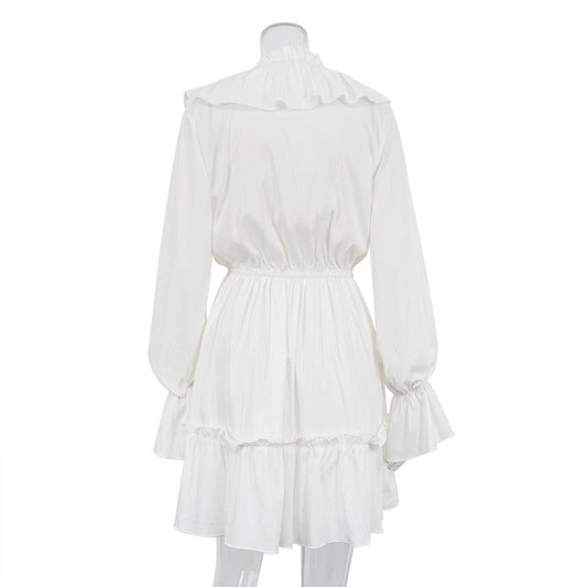 Fashion V Neck Pleated Ruffle Long Sleeve Dress Y2K V Neck Flared Sleeve Short Dress Women's Clothing - MANDOTOS