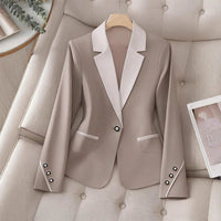 Professional contrasting-color blazer by Ancient Energy, beige with white lapels, single-breasted tailored jacket.