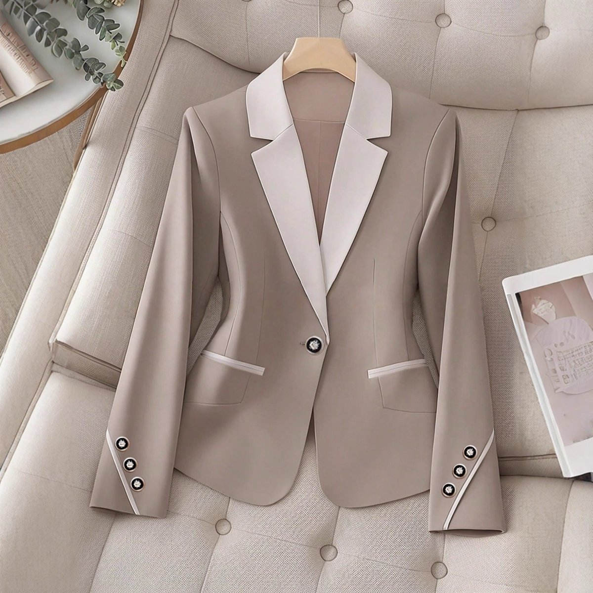 Professional contrasting-color blazer by Ancient Energy, beige with white lapels, single-breasted tailored jacket.