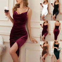 Fashion Women's Temperament Slit Pleated Velvet Sling Party Dress MANDOTOS