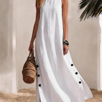Cotton Linen Sleeveless Midi Dress – Side Slits & Loose Fit