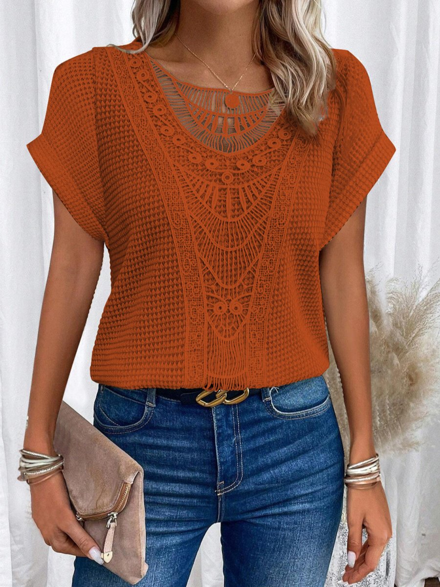 Summer hollow-out short-sleeve T-shirt in orange with intricate ethnic crochet pattern.