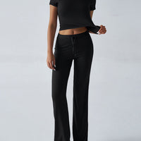 Crew Neck Short Sleeve Top & Full-Length Pants Set – Solid Color, 10 Colors