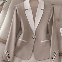 Professional Contrasting-Color Button Elegant Formal Blazer in beige with white lapels and pocket trim; single button, Ancient Energy