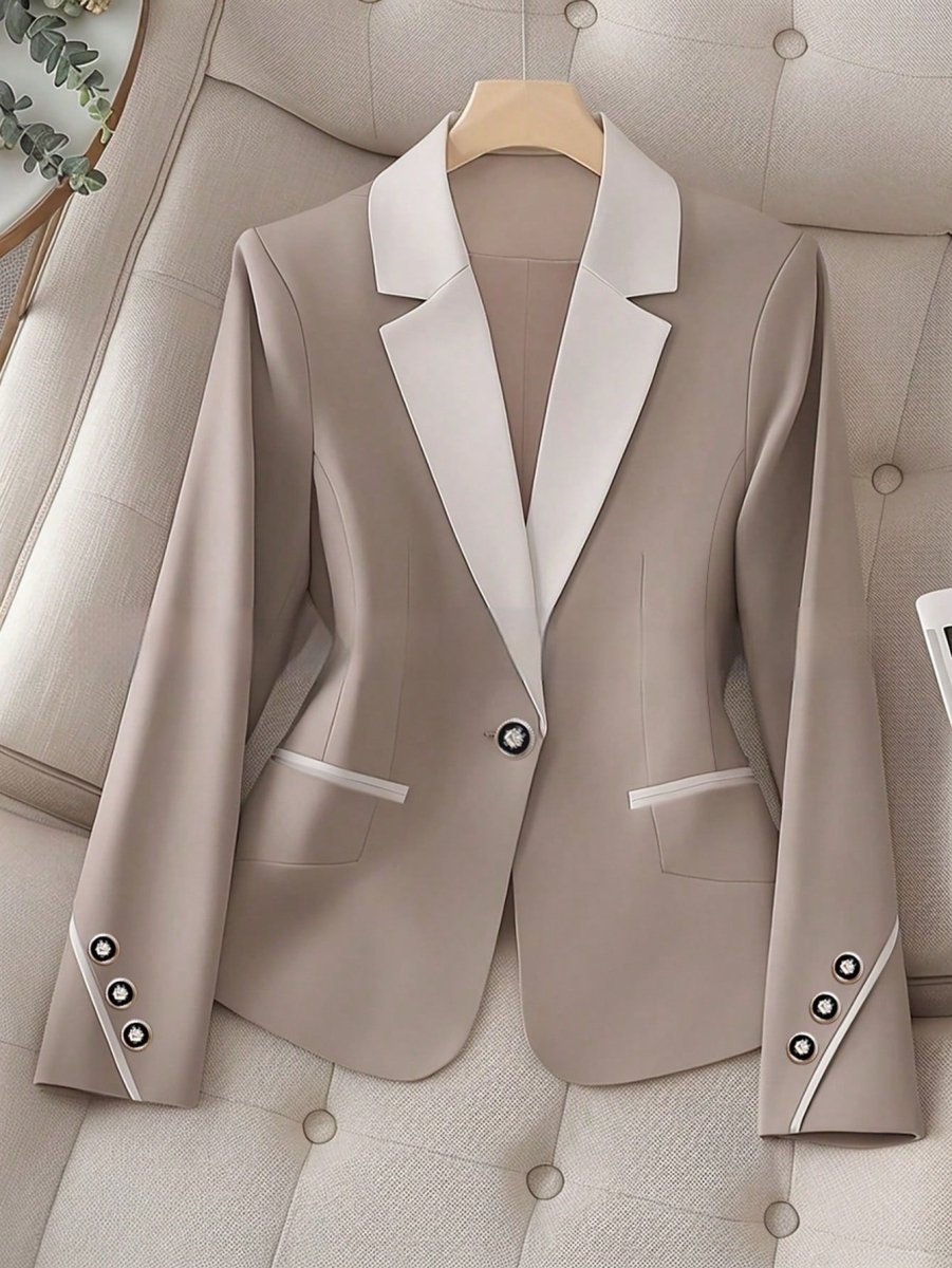 Professional Contrasting-Color Button Elegant Formal Blazer in beige with white lapels and pocket trim; single button, Ancient Energy